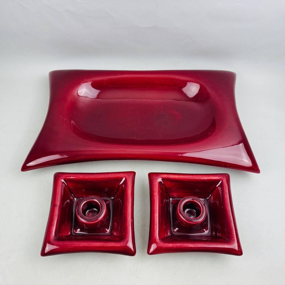 Vintage Red Wing Pottery Console Set Burgundy Bowl 2 Candle Holders MCM USA